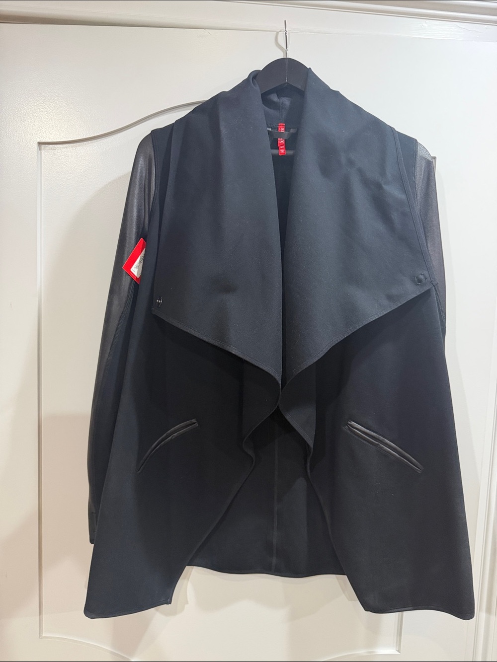SPANX Black Draped Open-Front Blazer with Faux-Leather Sleeves